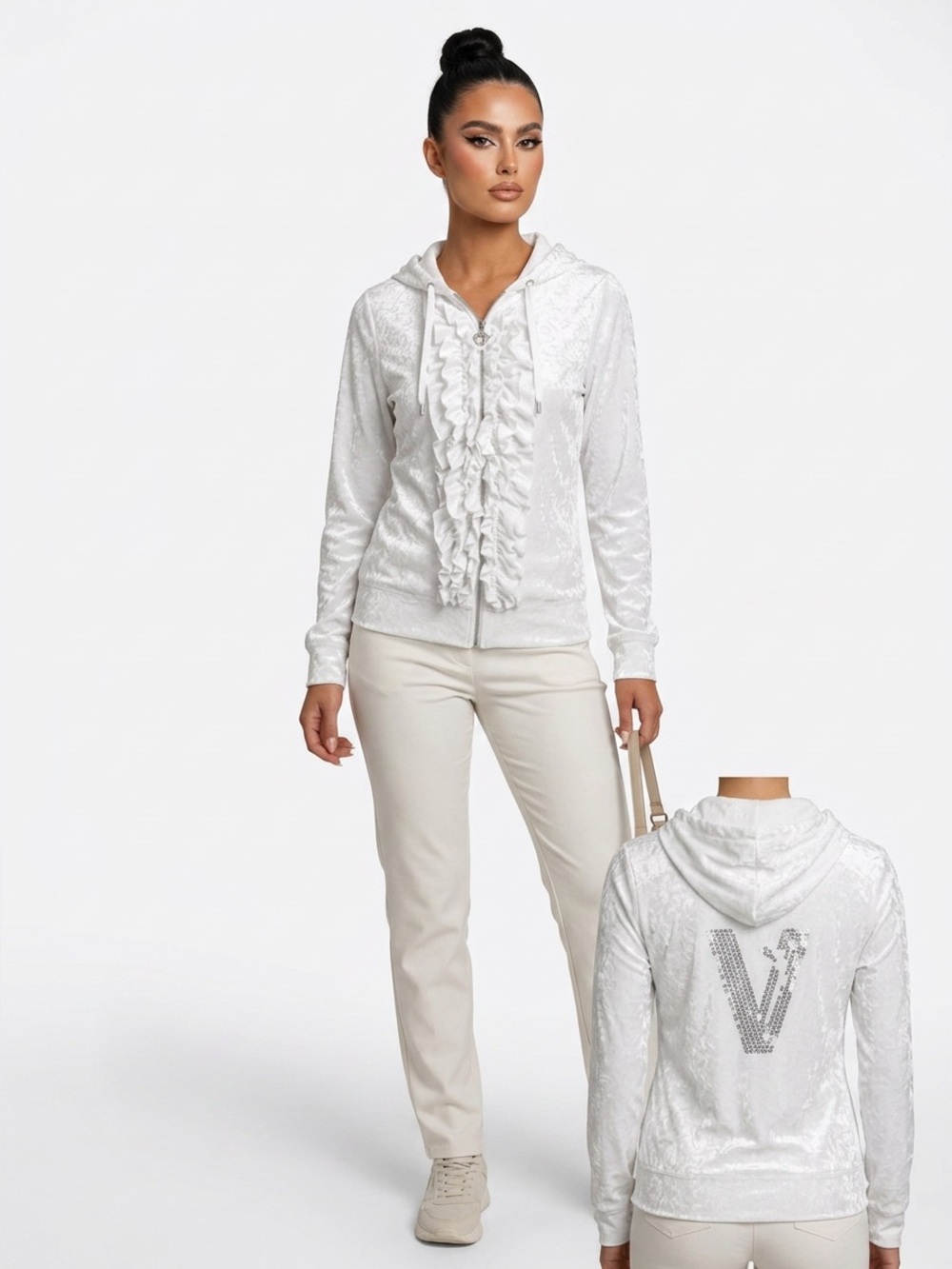 Vertigo Paris White Ruffle Zip Hoodie Sz L Fits Like SMALL btc